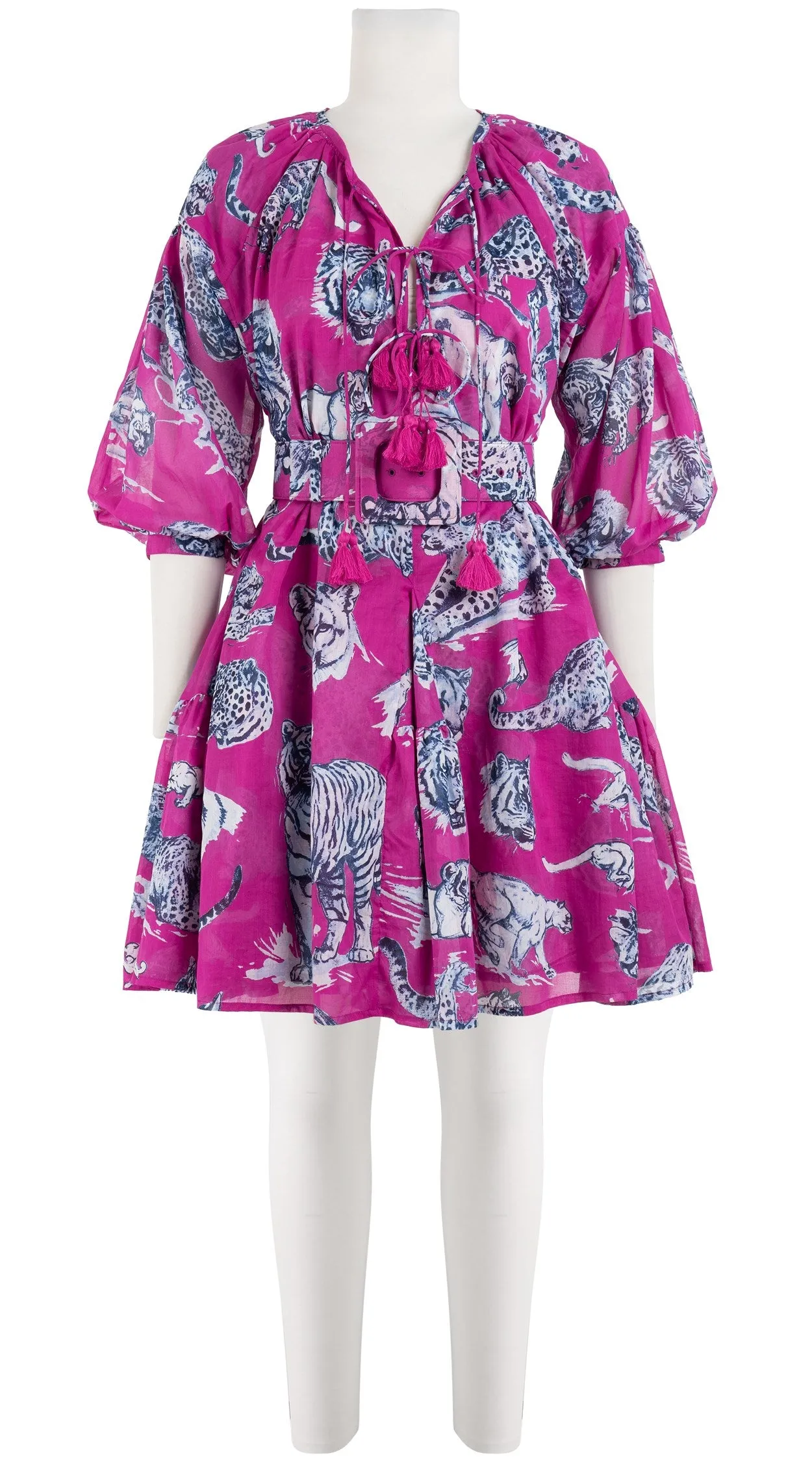 Birdy Dress Crew Neck 3/4 Sleeve with Hamilton Belt Mini Length Cotton Musola (Tiger Toile Bright)