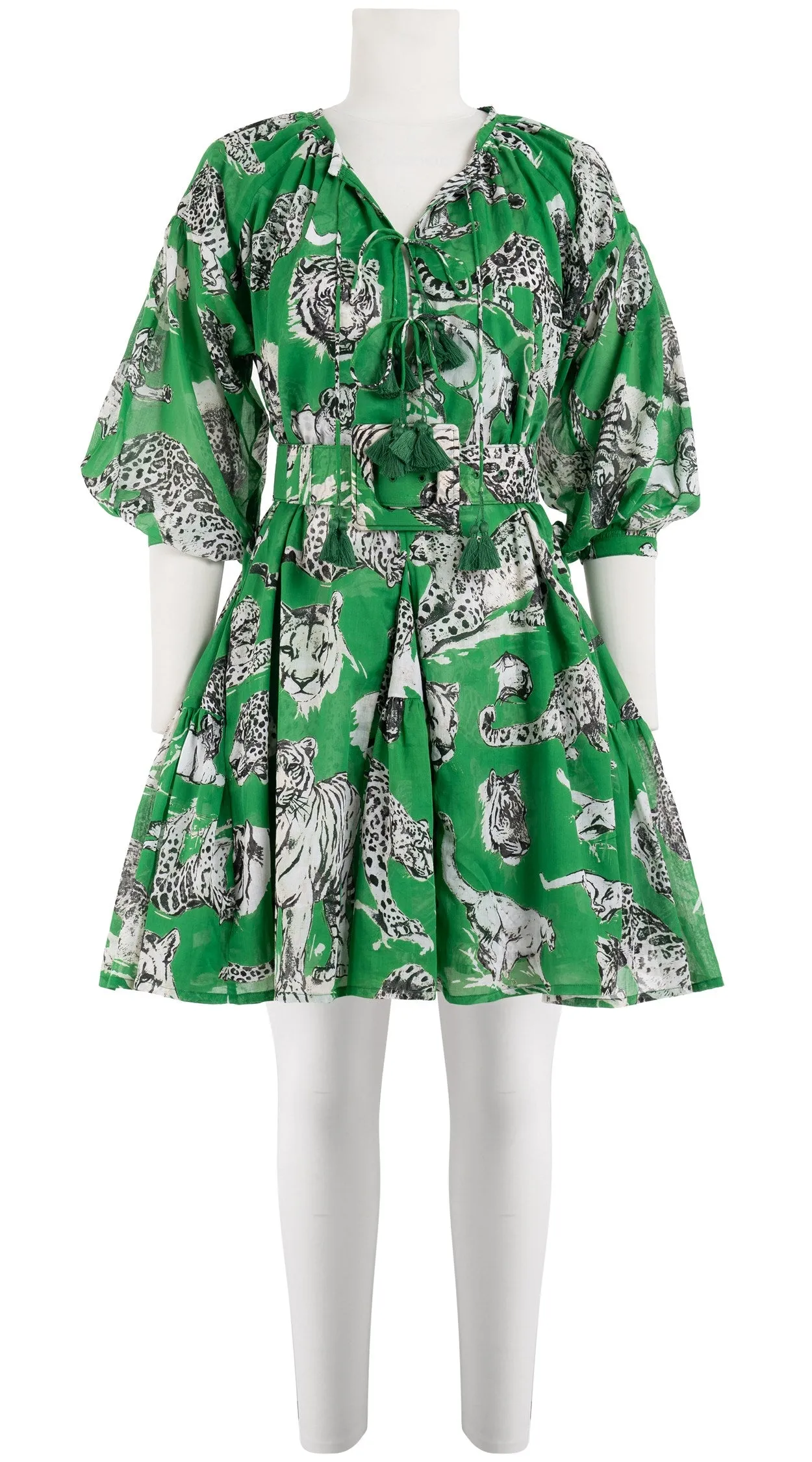 Birdy Dress Crew Neck 3/4 Sleeve with Hamilton Belt Mini Length Cotton Musola (Tiger Toile Bright)