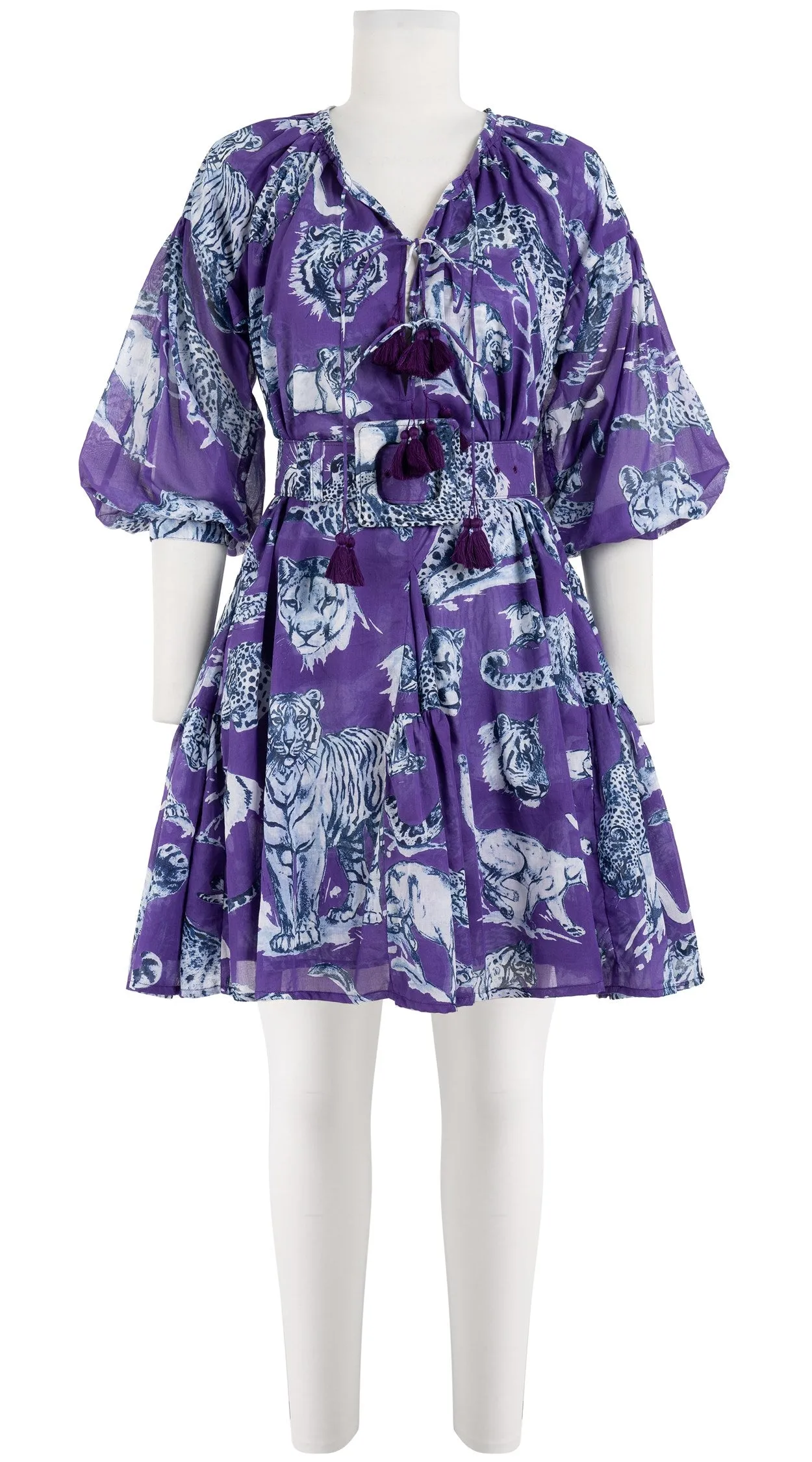 Birdy Dress Crew Neck 3/4 Sleeve with Hamilton Belt Mini Length Cotton Musola (Tiger Toile Bright)