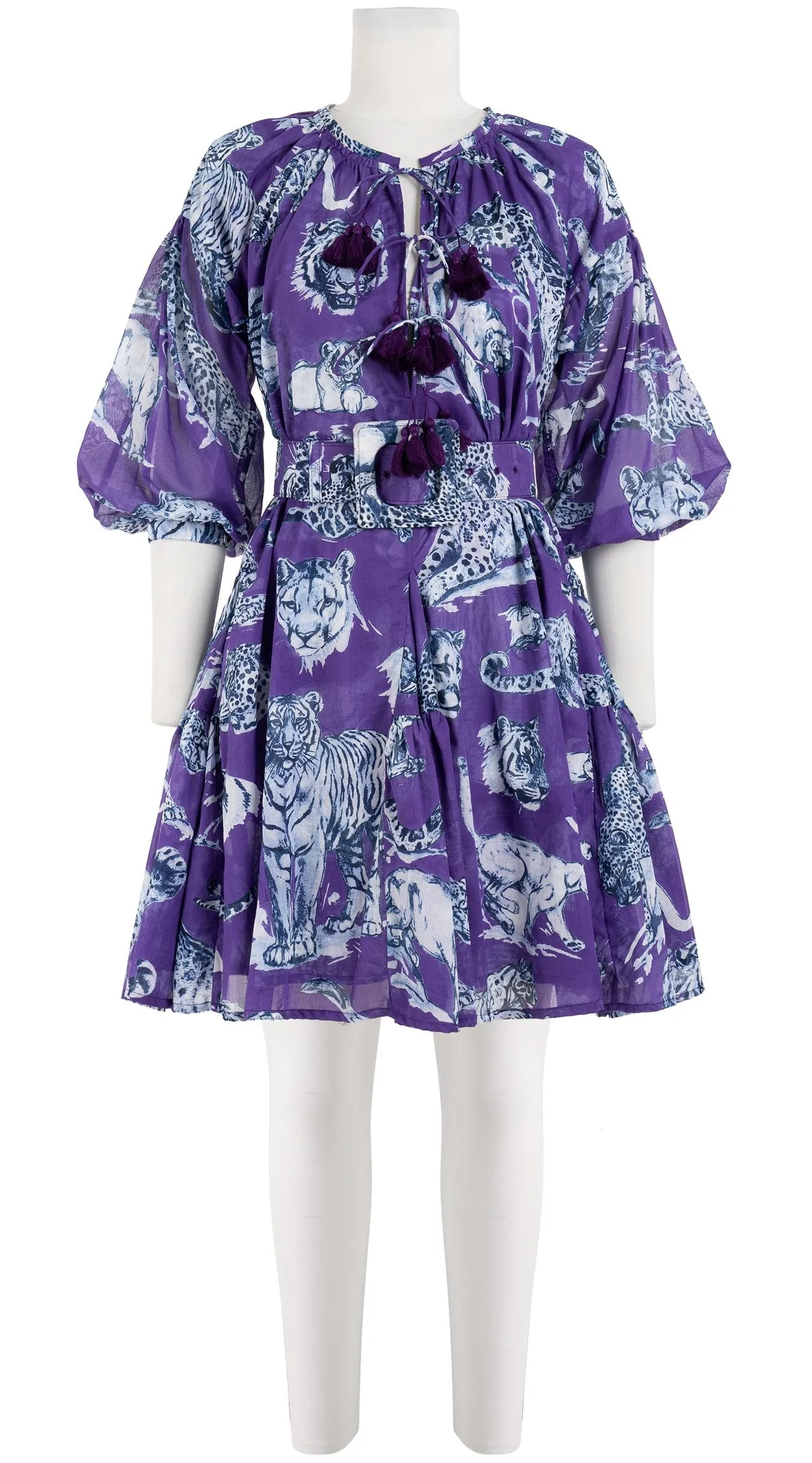 Birdy Dress Crew Neck 3/4 Sleeve with Hamilton Belt Mini Length Cotton Musola (Tiger Toile Bright)