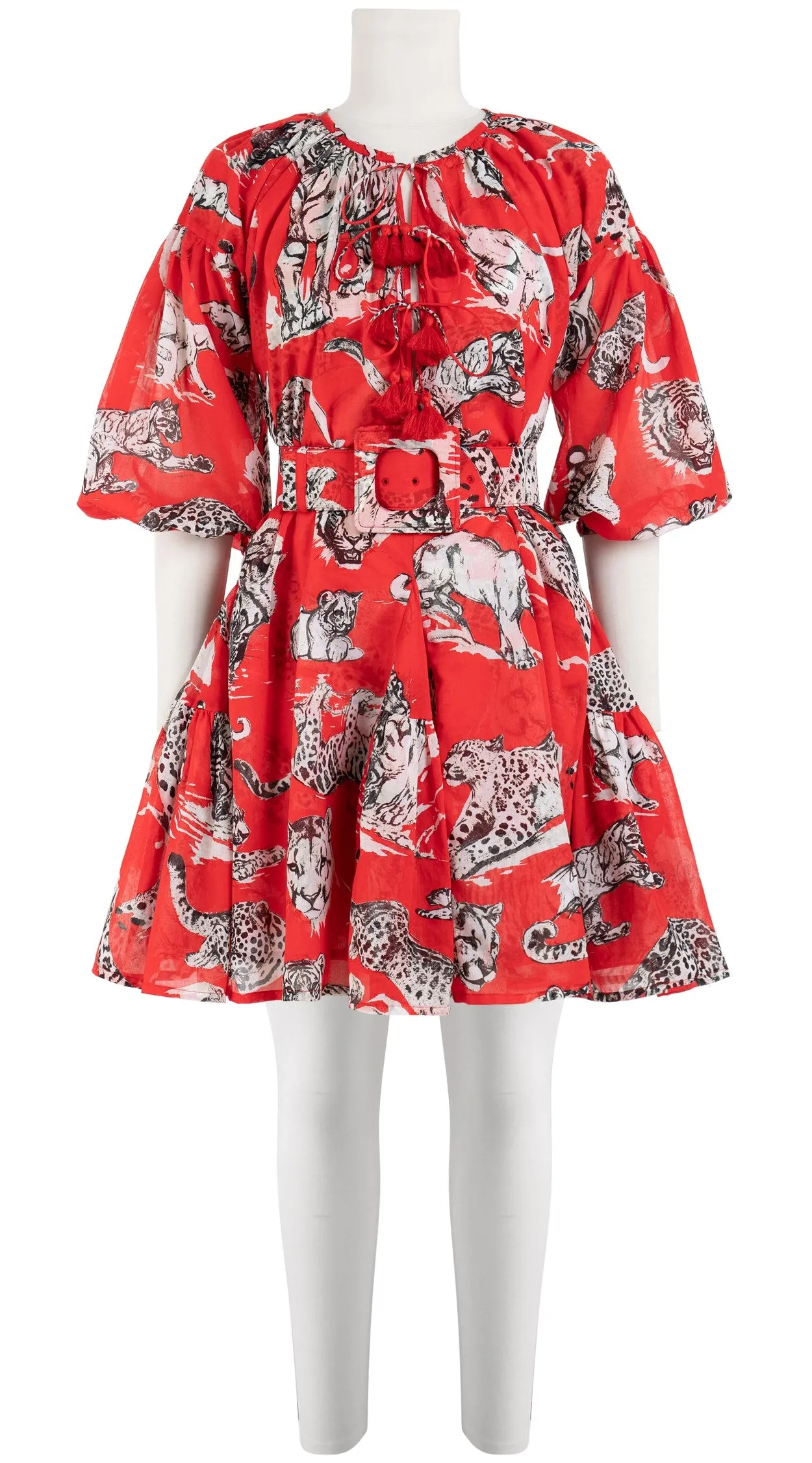 Birdy Dress Crew Neck 3/4 Sleeve with Hamilton Belt Mini Length Cotton Musola (Tiger Toile Bright)