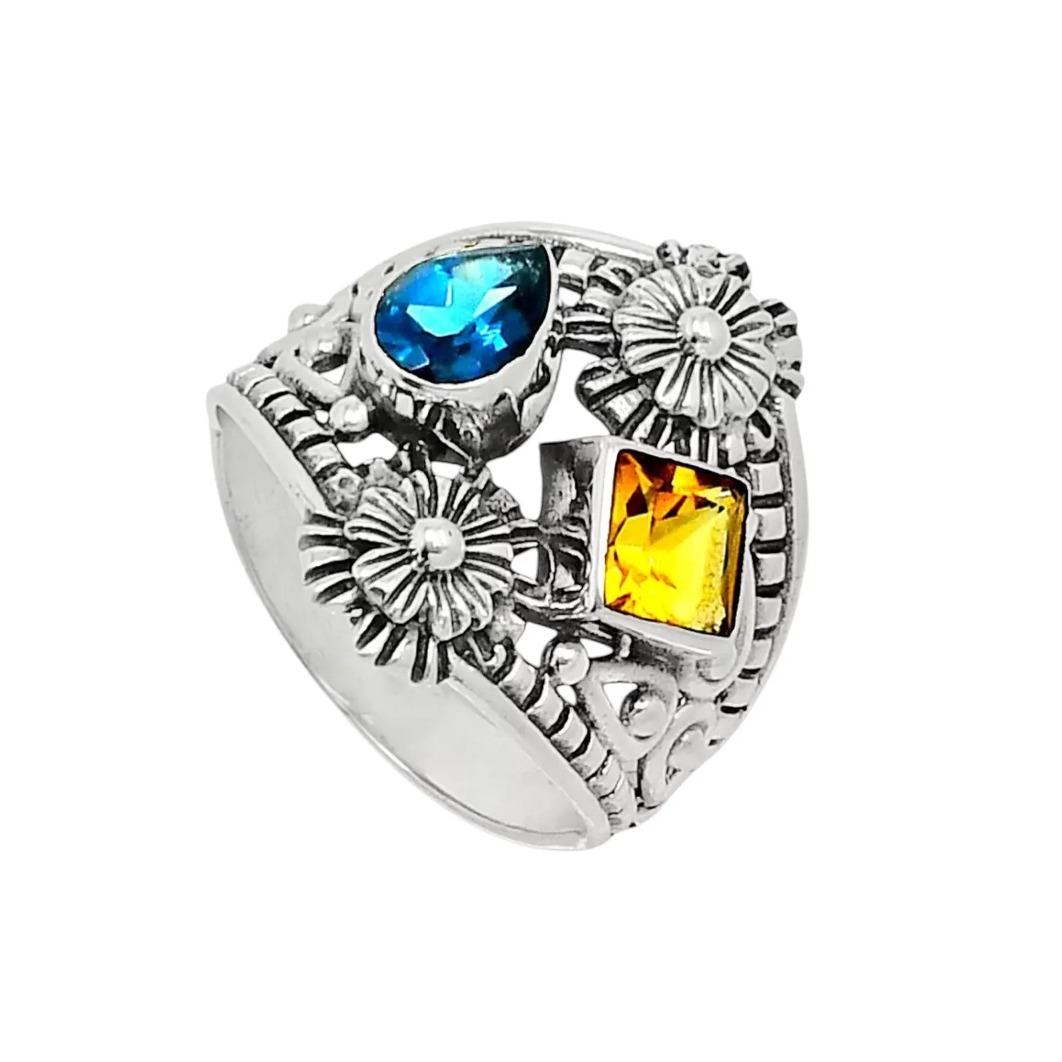 Blue Topaz & Citrine Solid 925 Sterling Silver Ring 9