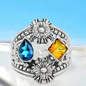 Blue Topaz & Citrine Solid 925 Sterling Silver Ring 9