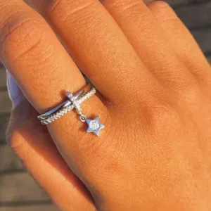 Bluenoemi Israel Ring for Woman with a Dangling Silver Star Charm. CZ zircons.