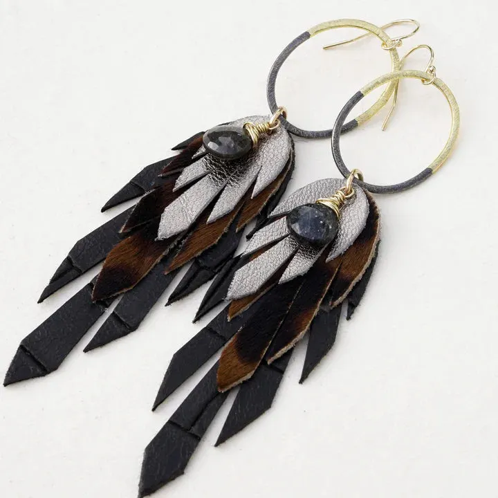 Bohemi Leather, 24K Gold or Rhodium Plated Copper, Semi-Precious Stone Pluma Earrings - Small