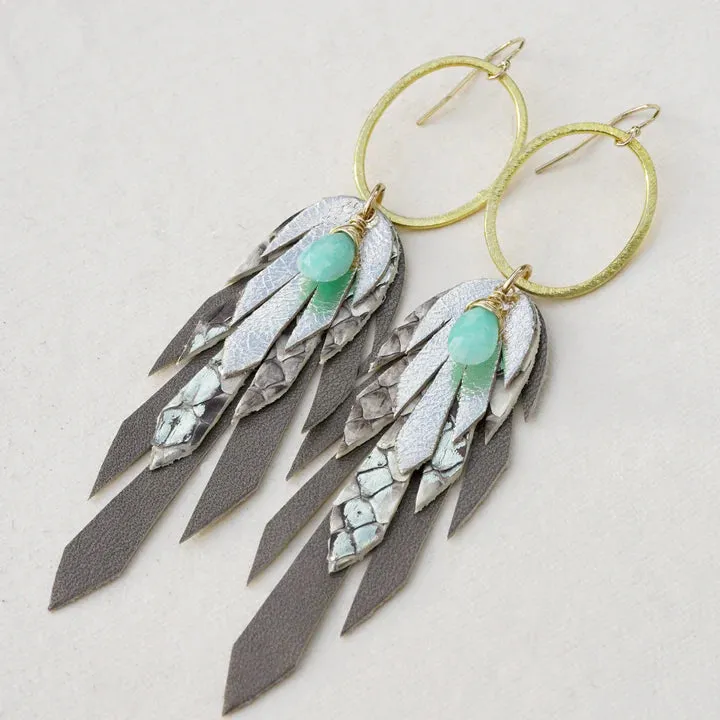 Bohemi Leather, 24K Gold or Rhodium Plated Copper, Semi-Precious Stone Pluma Earrings - Small