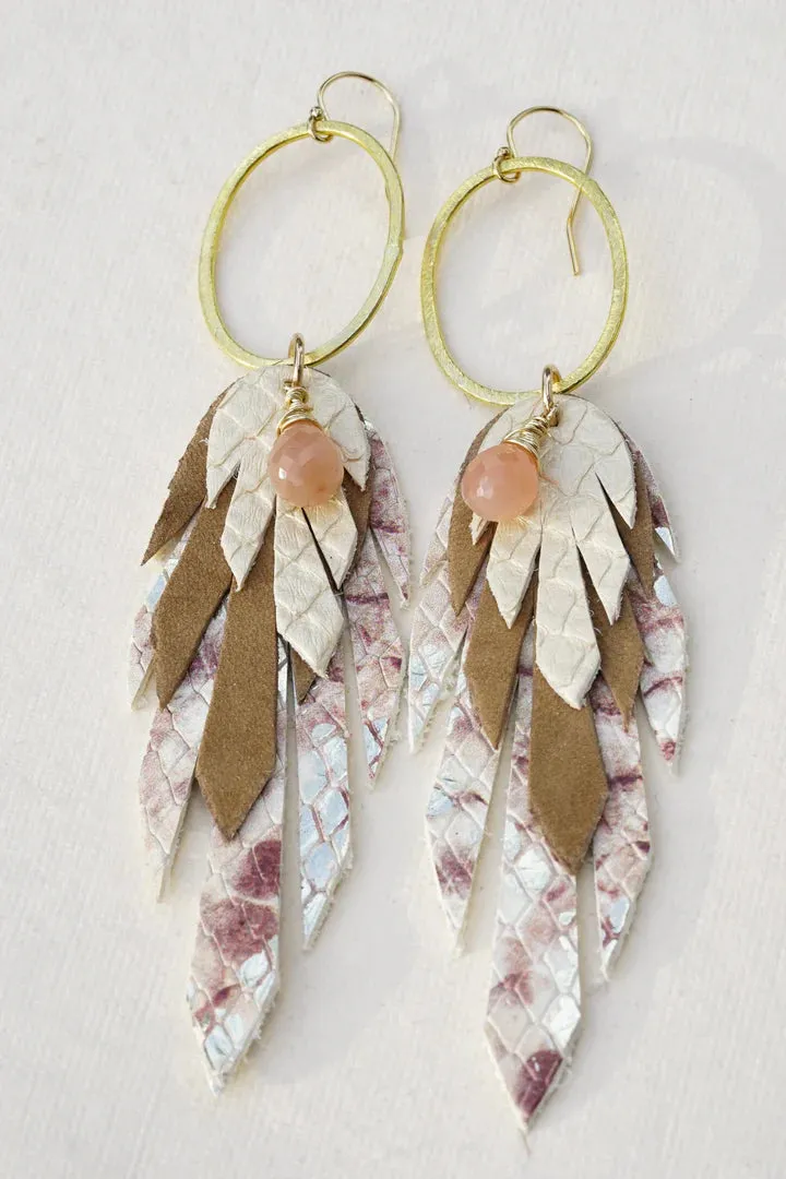 Bohemi Leather, 24K Gold or Rhodium Plated Copper, Semi-Precious Stone Pluma Earrings - Small