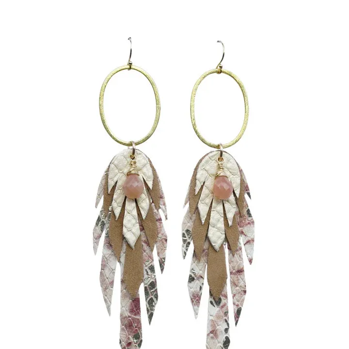 Bohemi Leather, 24K Gold or Rhodium Plated Copper, Semi-Precious Stone Pluma Earrings - Small