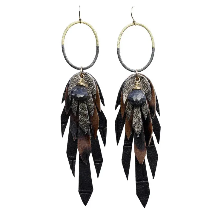 Bohemi Leather, 24K Gold or Rhodium Plated Copper, Semi-Precious Stone Pluma Earrings - Small