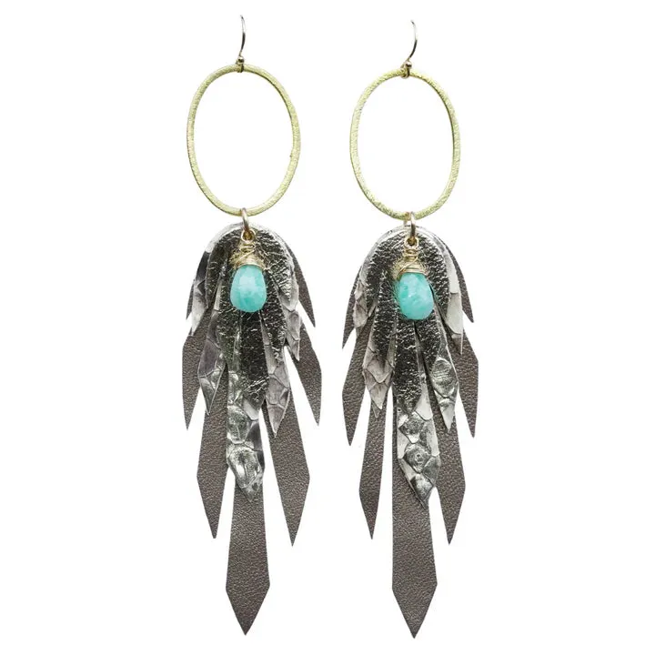 Bohemi Leather, 24K Gold or Rhodium Plated Copper, Semi-Precious Stone Pluma Earrings - Small