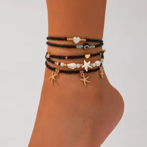 Bohemia 5Pcs Starfish Charm Conch Pearl Seed Beaded Chain Anklet Set