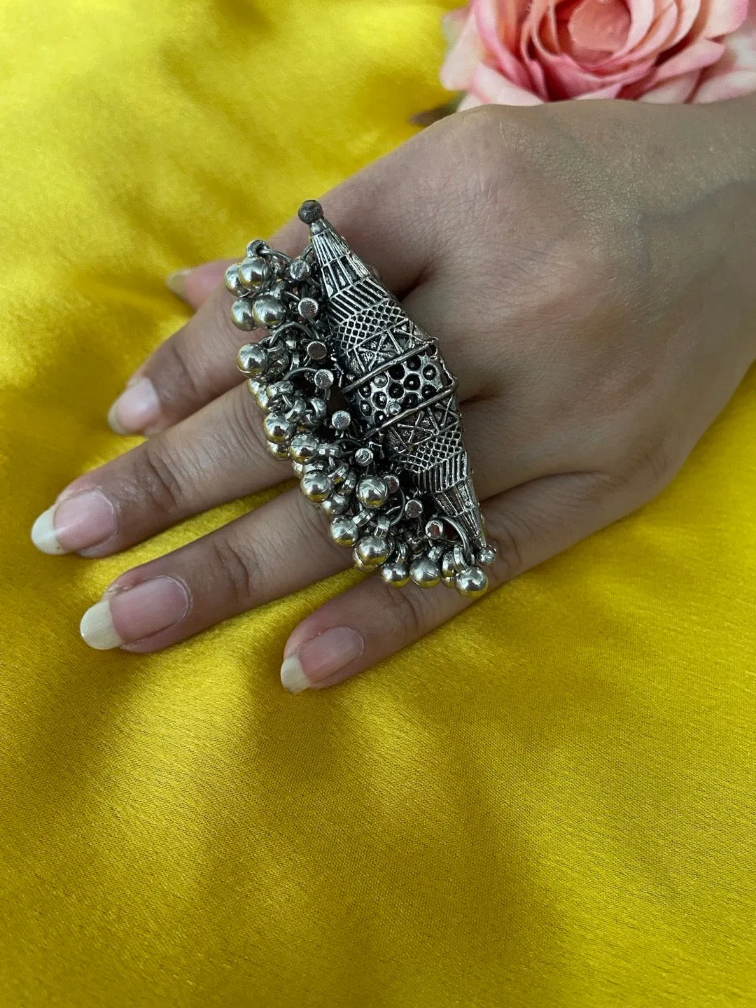 Bohemian Gypsy Ghungroo Design Oxidized Silver Afghani Ring