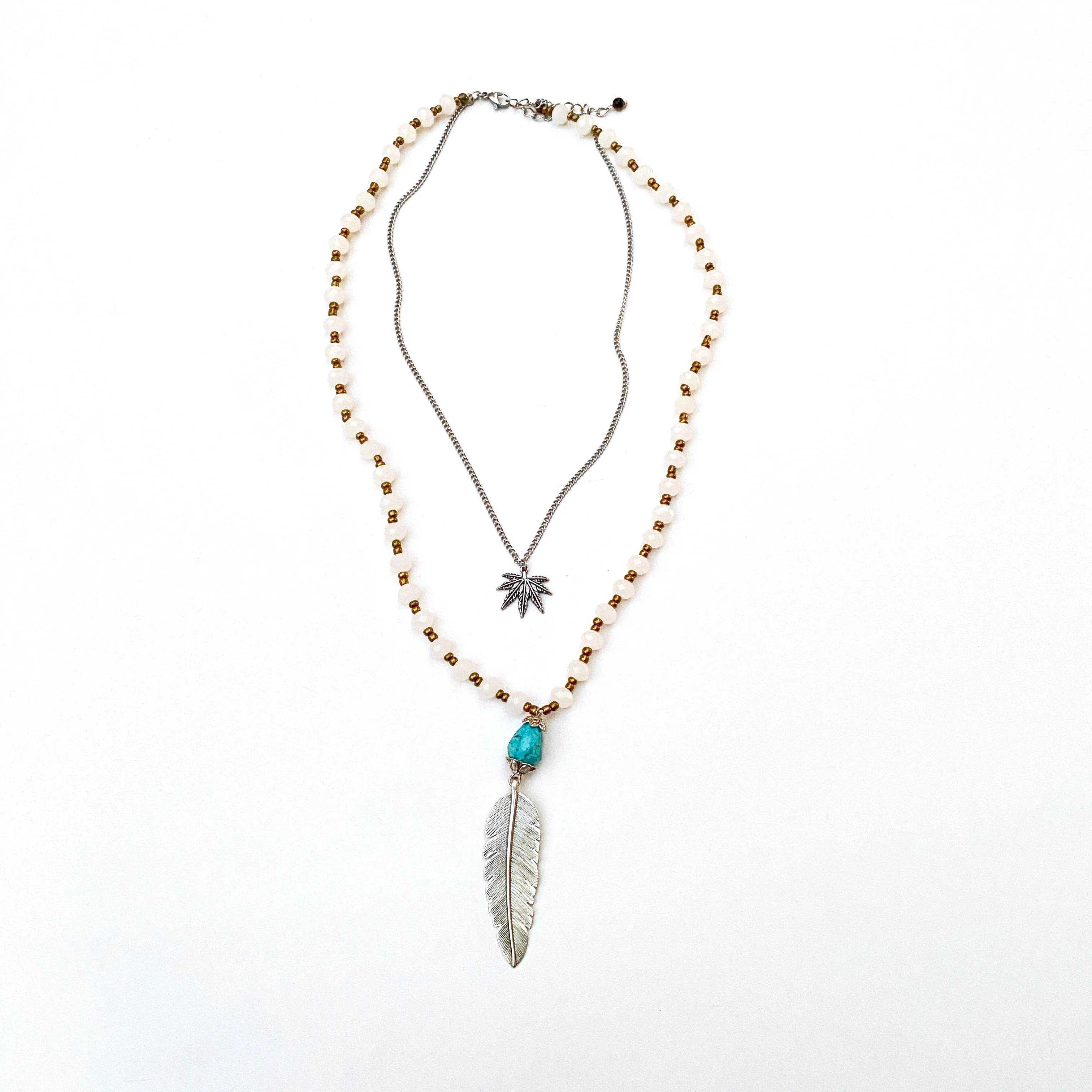 Boho Layered Beaded Feather Necklace