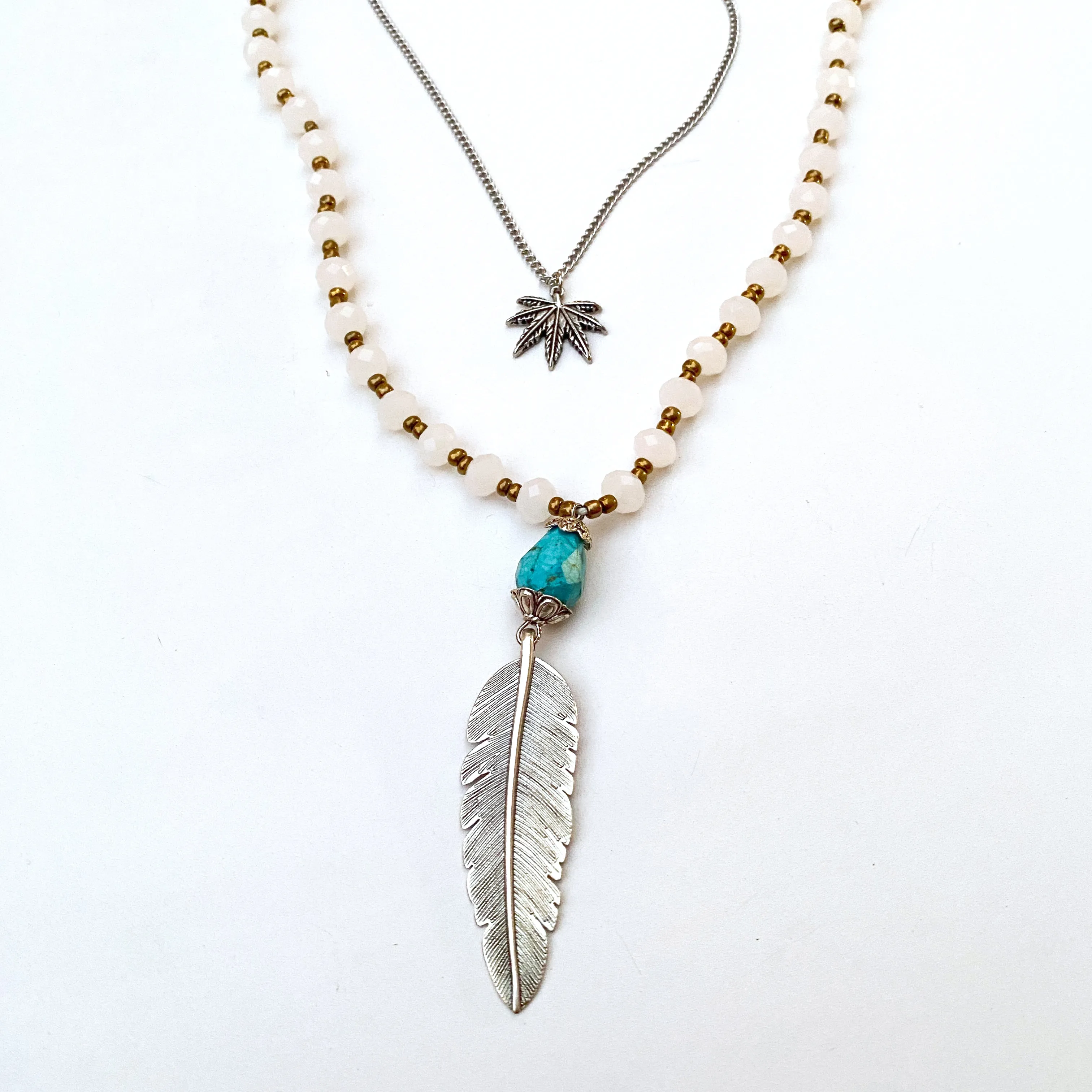 Boho Layered Beaded Feather Necklace