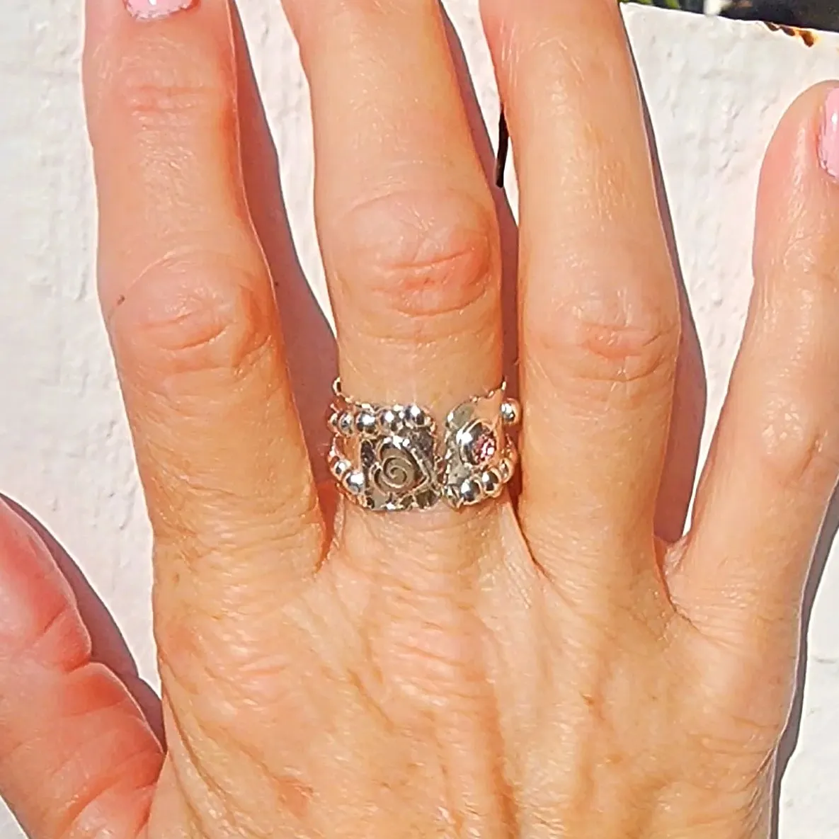 Bold Handcrafted .925 Sterling Silver Hammered Statement Ring – Copper Heart & Swarovski Rhinestone