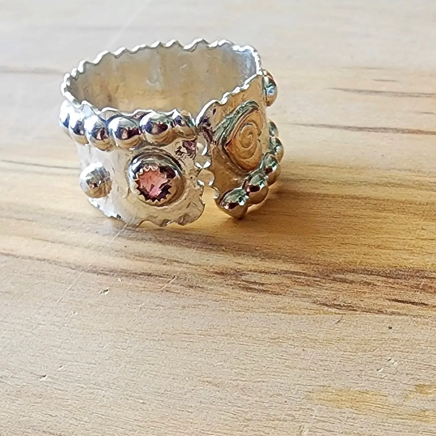 Bold Handcrafted .925 Sterling Silver Hammered Statement Ring – Copper Heart & Swarovski Rhinestone