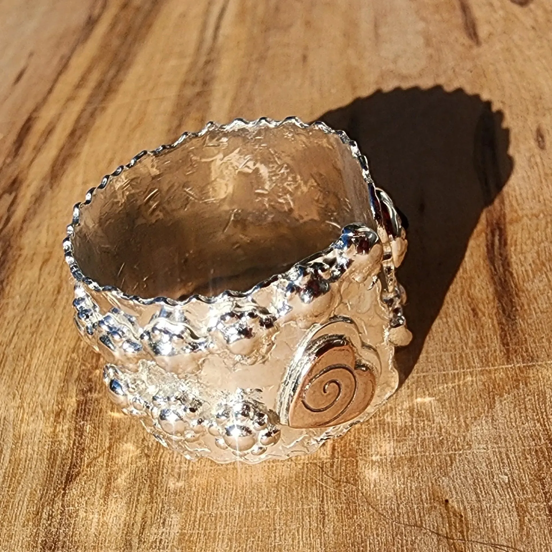 Bold Handcrafted .925 Sterling Silver Hammered Statement Ring – Copper Heart & Swarovski Rhinestone