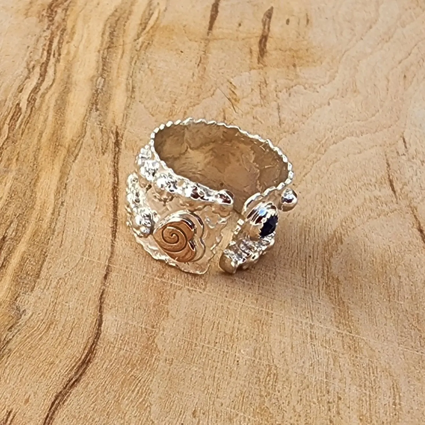 Bold Handcrafted .925 Sterling Silver Hammered Statement Ring – Copper Heart & Swarovski Rhinestone