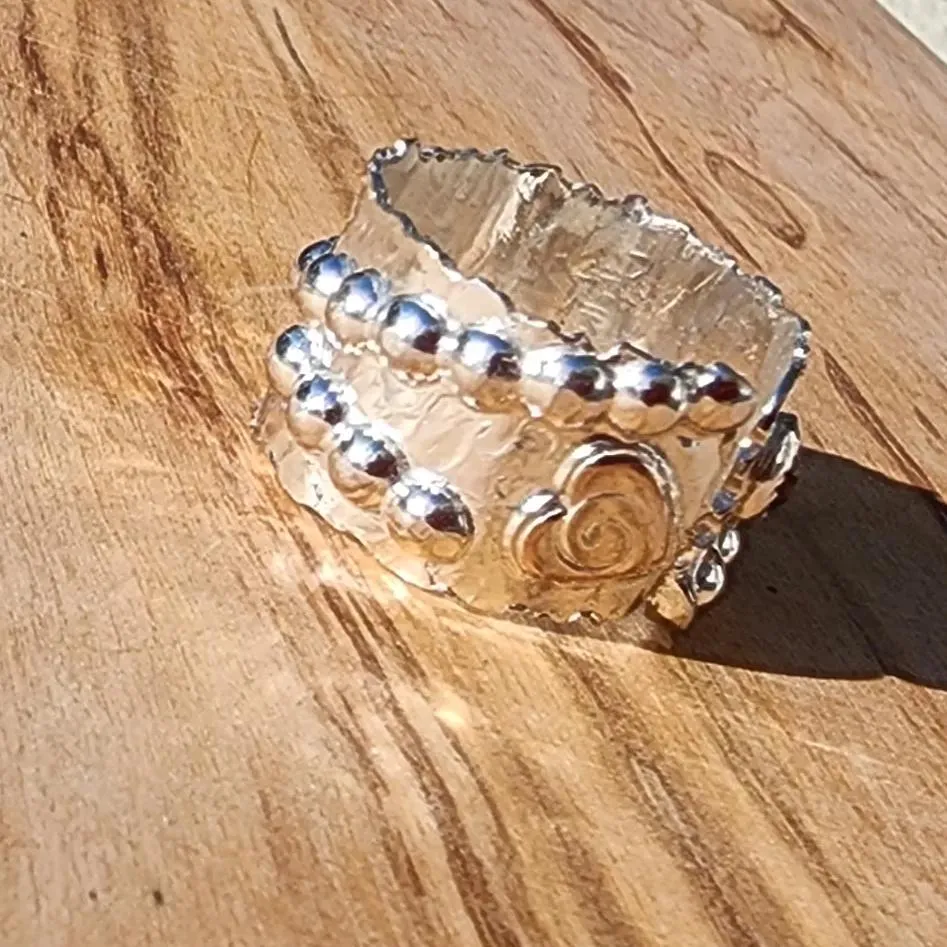 Bold Handcrafted .925 Sterling Silver Hammered Statement Ring – Copper Heart & Swarovski Rhinestone