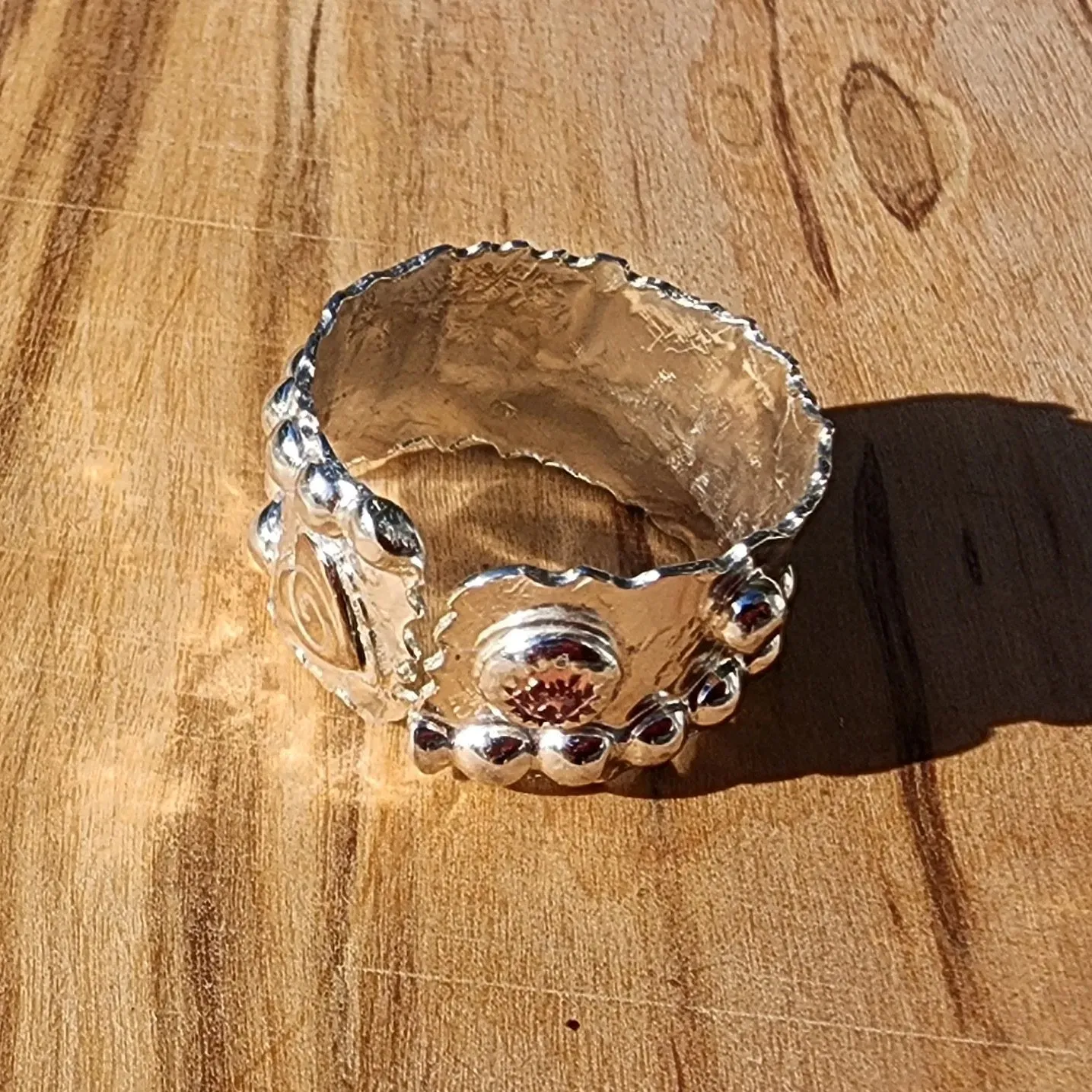 Bold Handcrafted .925 Sterling Silver Hammered Statement Ring – Copper Heart & Swarovski Rhinestone