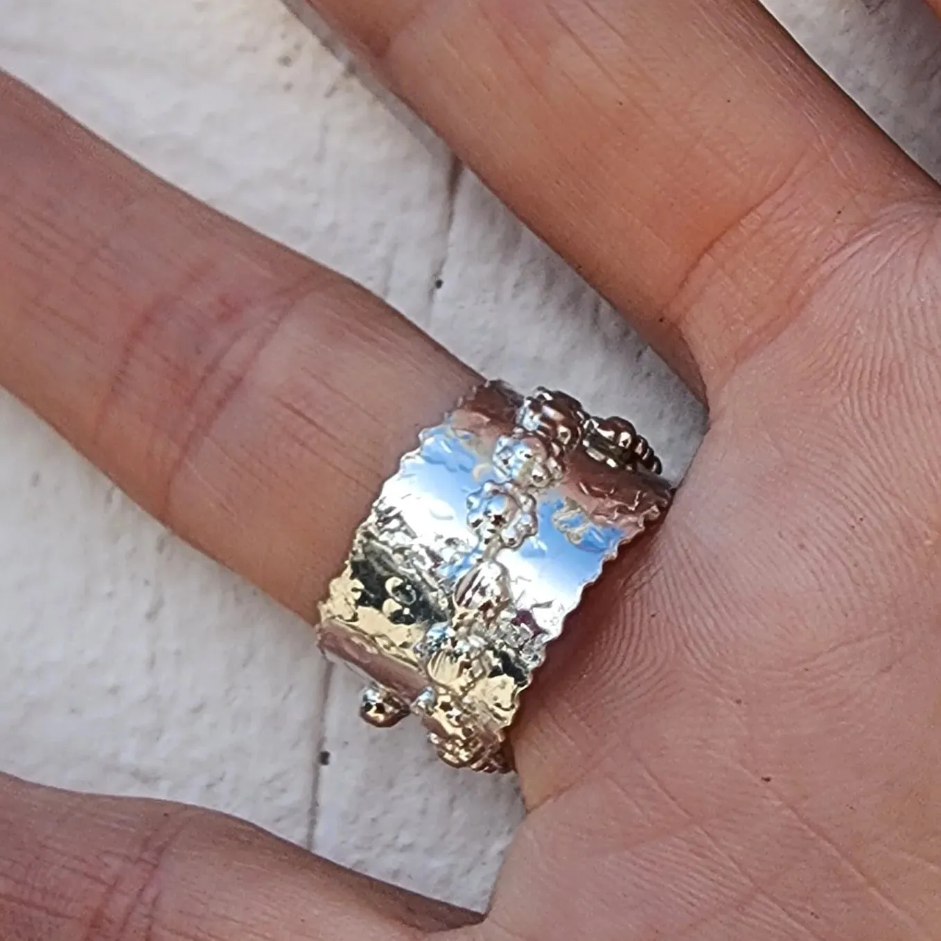 Bold Handcrafted .925 Sterling Silver Hammered Statement Ring – Copper Heart & Swarovski Rhinestone