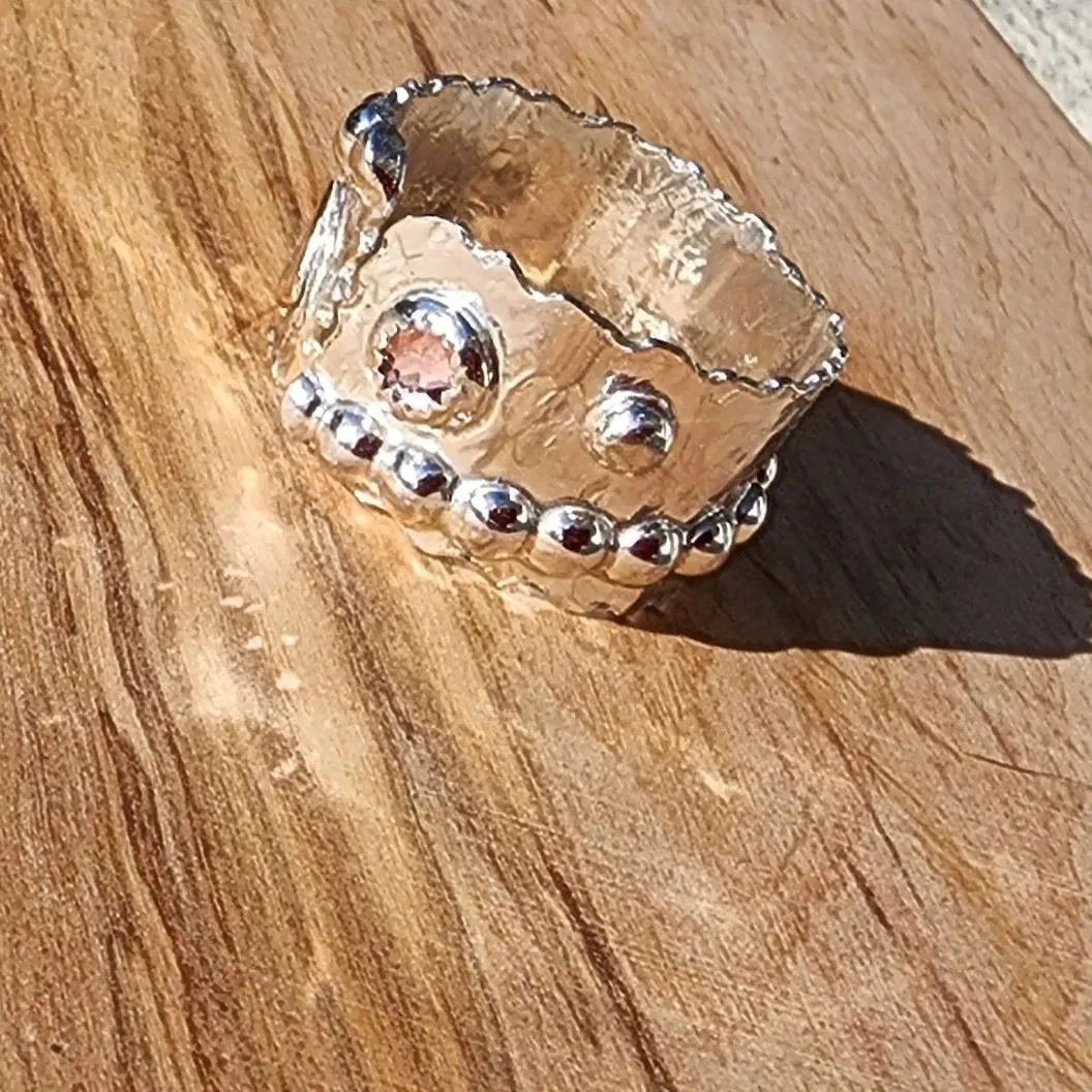 Bold Handcrafted .925 Sterling Silver Hammered Statement Ring – Copper Heart & Swarovski Rhinestone
