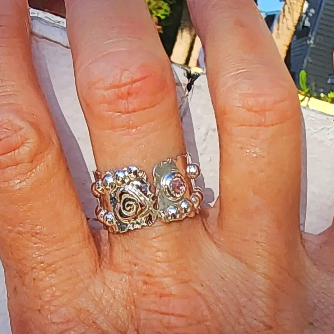 Bold Handcrafted .925 Sterling Silver Hammered Statement Ring – Copper Heart & Swarovski Rhinestone