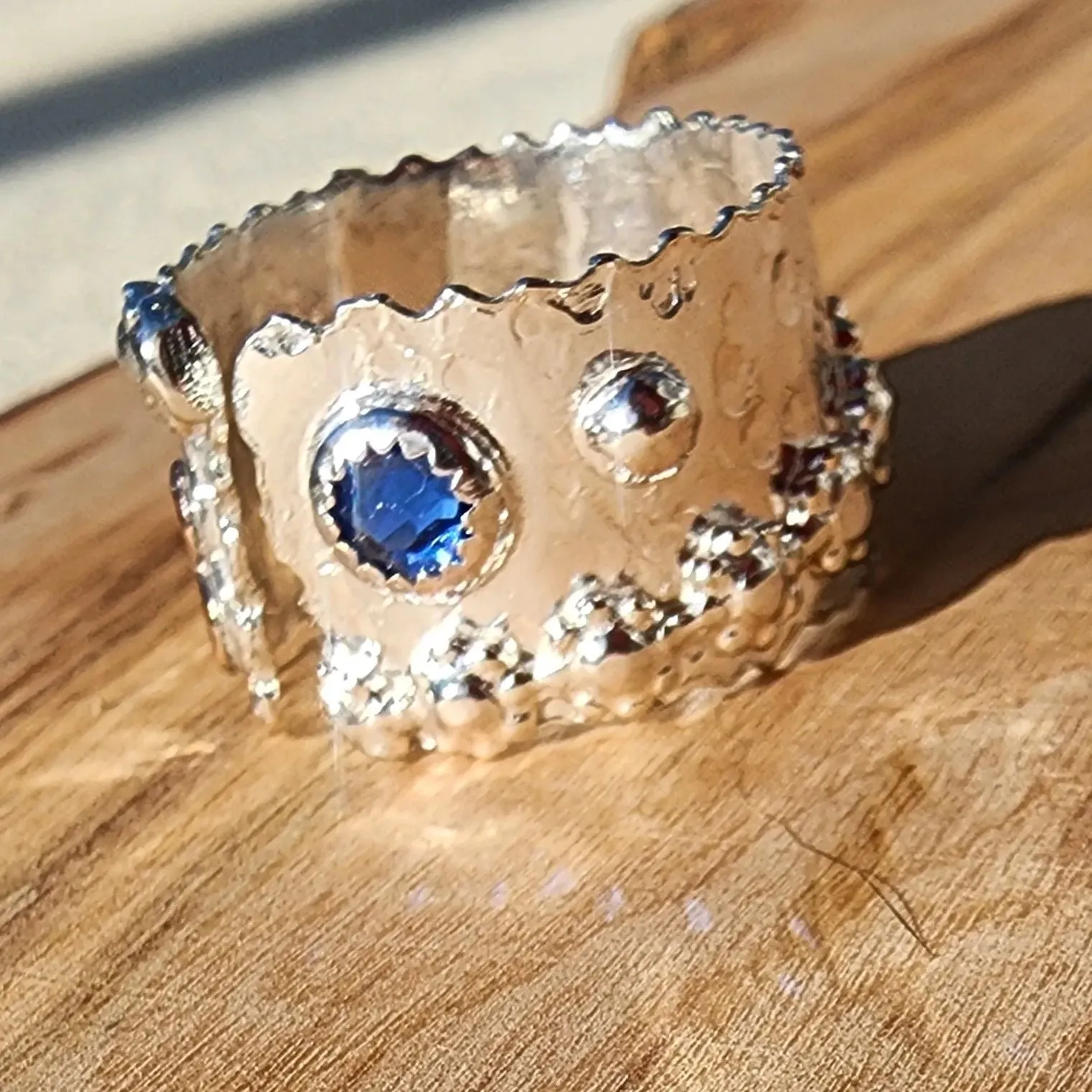 Bold Handcrafted .925 Sterling Silver Hammered Statement Ring – Copper Heart & Swarovski Rhinestone