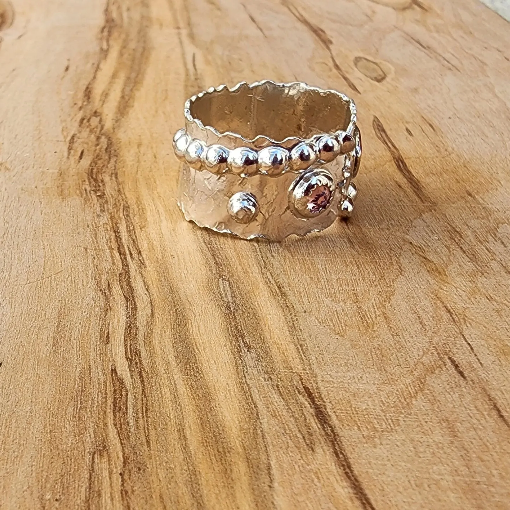Bold Handcrafted .925 Sterling Silver Hammered Statement Ring – Copper Heart & Swarovski Rhinestone