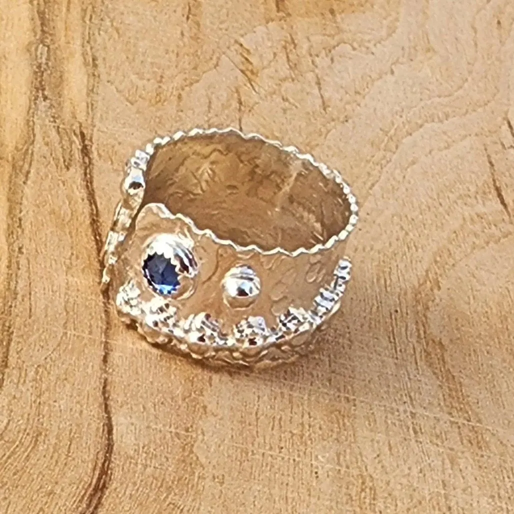 Bold Handcrafted .925 Sterling Silver Hammered Statement Ring – Copper Heart & Swarovski Rhinestone
