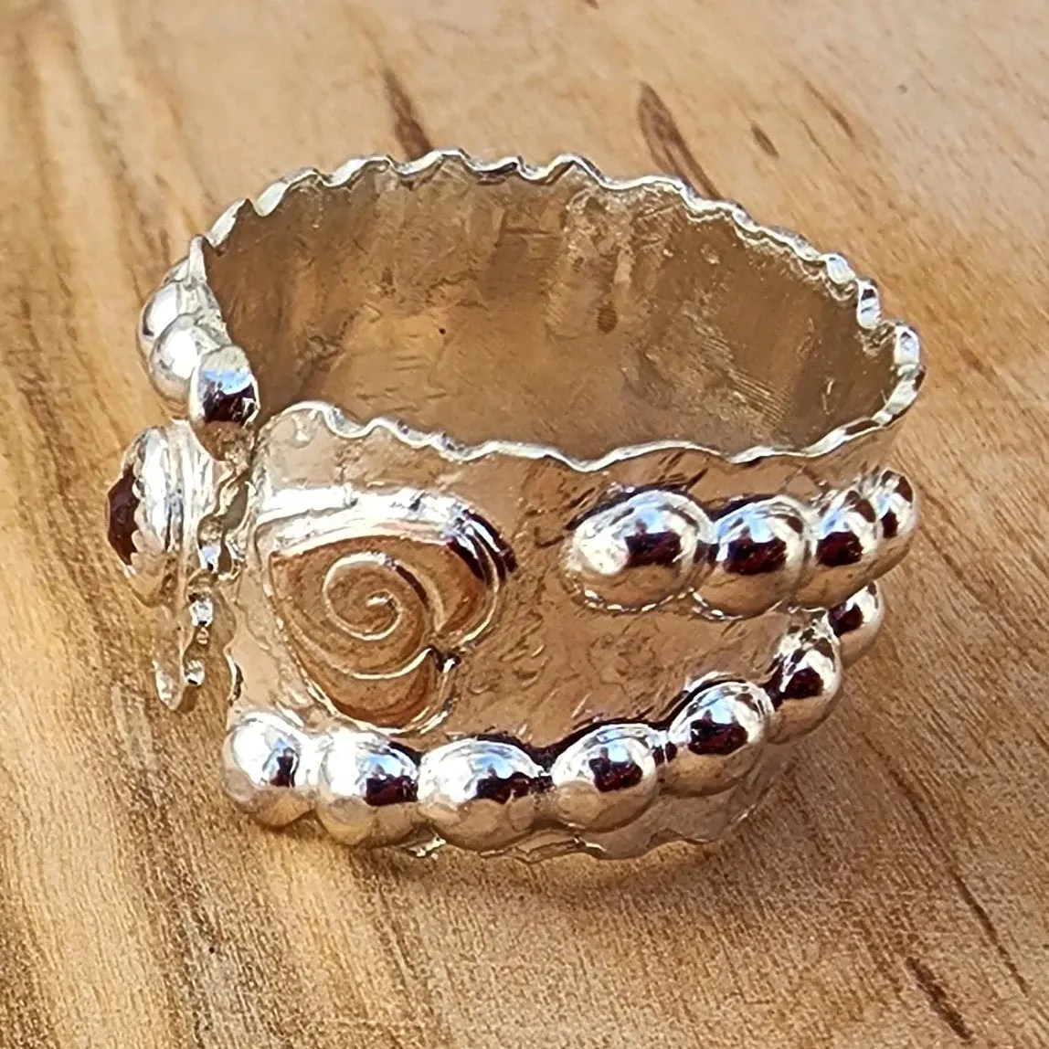 Bold Handcrafted .925 Sterling Silver Hammered Statement Ring – Copper Heart & Swarovski Rhinestone