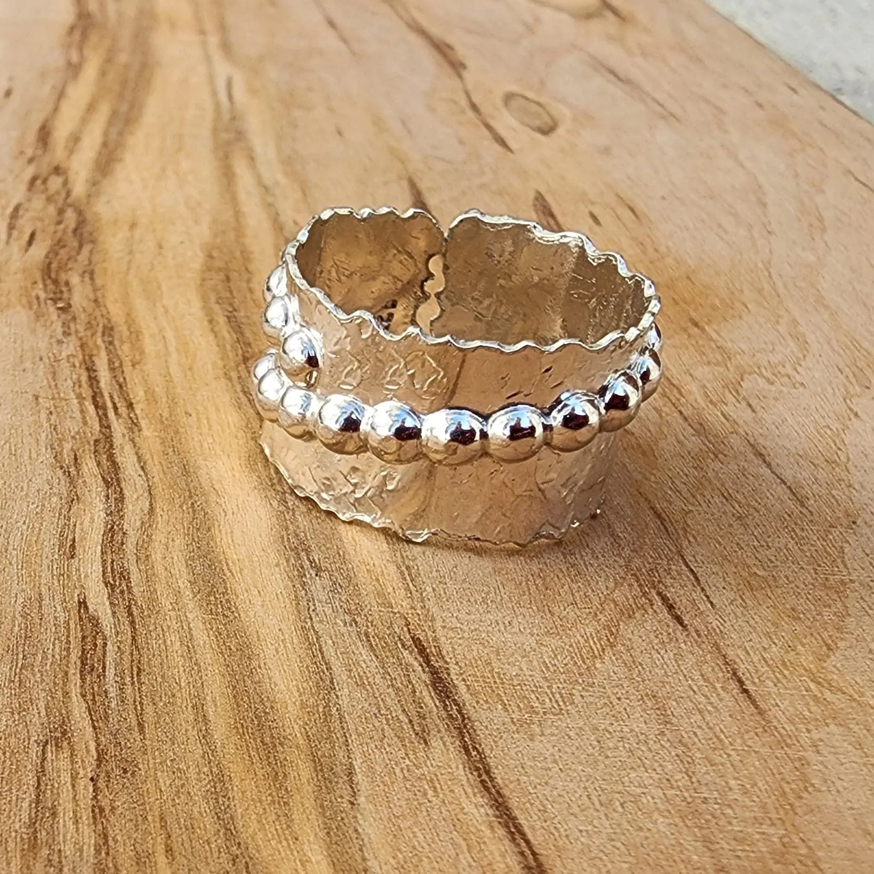 Bold Handcrafted .925 Sterling Silver Hammered Statement Ring – Copper Heart & Swarovski Rhinestone