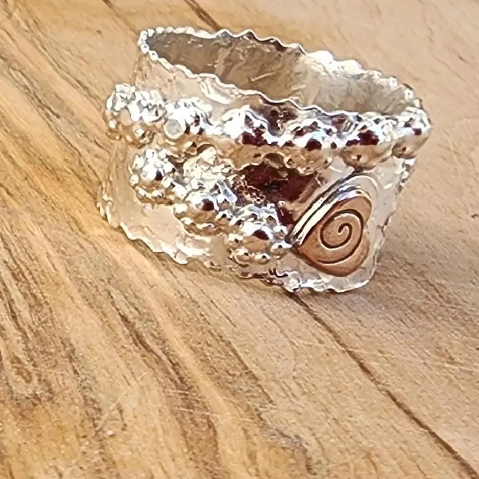 Bold Handcrafted .925 Sterling Silver Hammered Statement Ring – Copper Heart & Swarovski Rhinestone