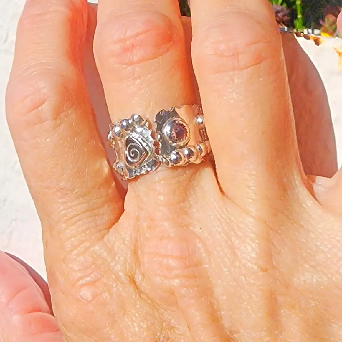 Bold Handcrafted .925 Sterling Silver Hammered Statement Ring – Copper Heart & Swarovski Rhinestone