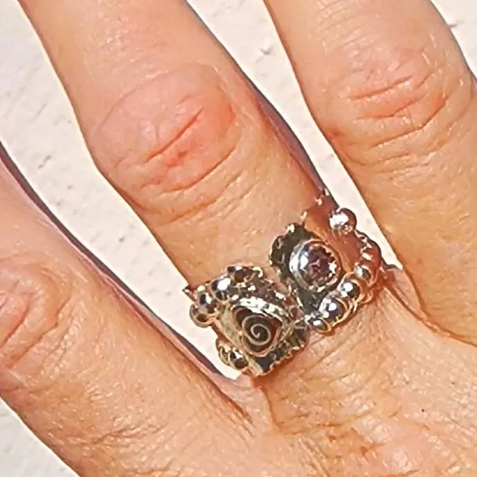 Bold Handcrafted .925 Sterling Silver Hammered Statement Ring – Copper Heart & Swarovski Rhinestone