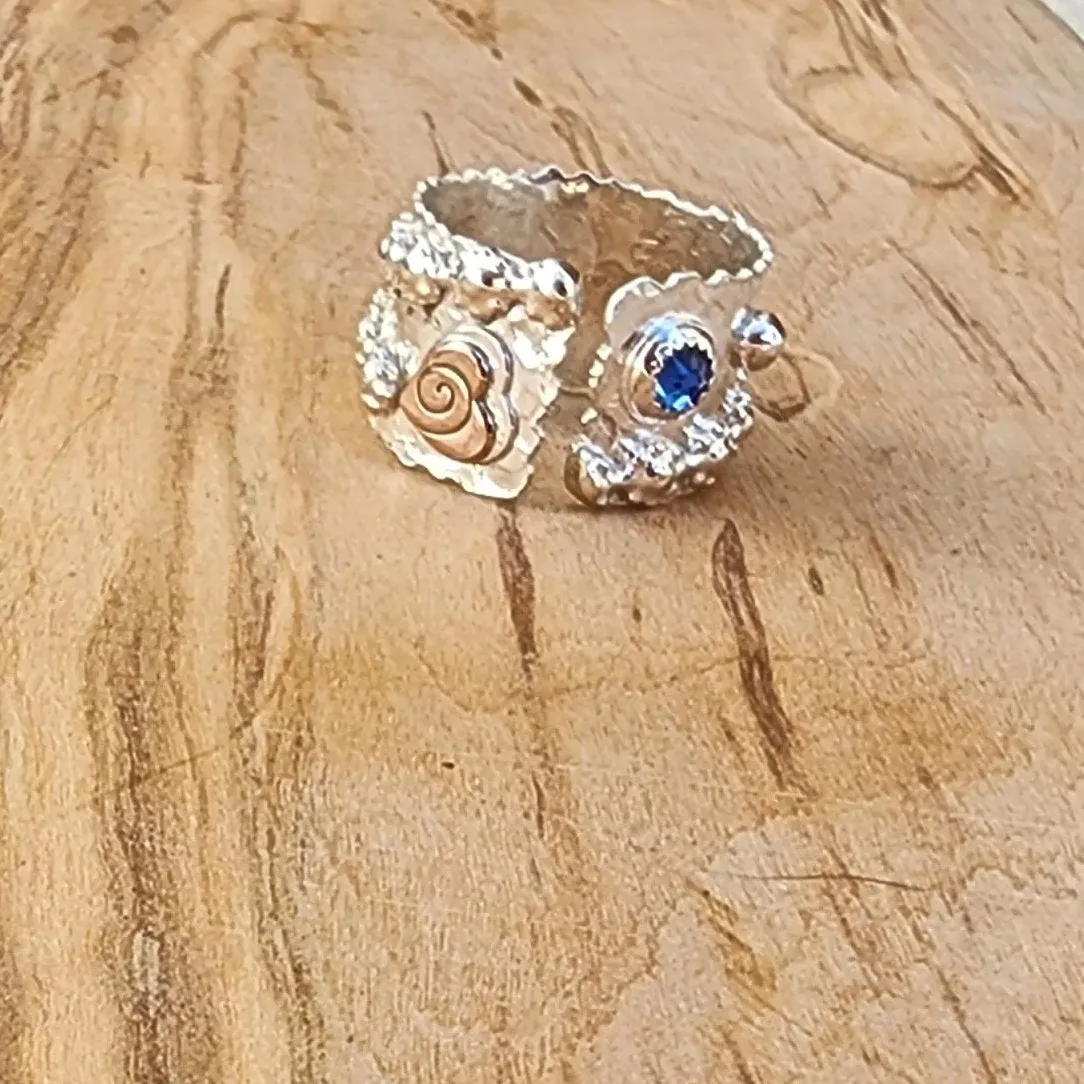 Bold Handcrafted .925 Sterling Silver Hammered Statement Ring – Copper Heart & Swarovski Rhinestone