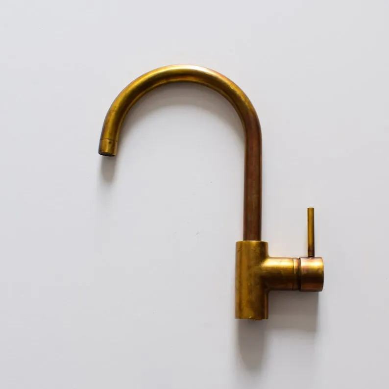 Brass Faucet Hammered Gooseneck with One Handle - Handcrafted Vanity Sink Faucet