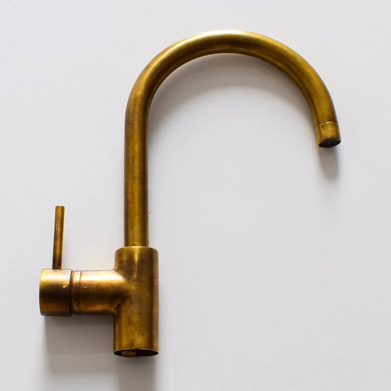 Brass Faucet Hammered Gooseneck with One Handle - Handcrafted Vanity Sink Faucet