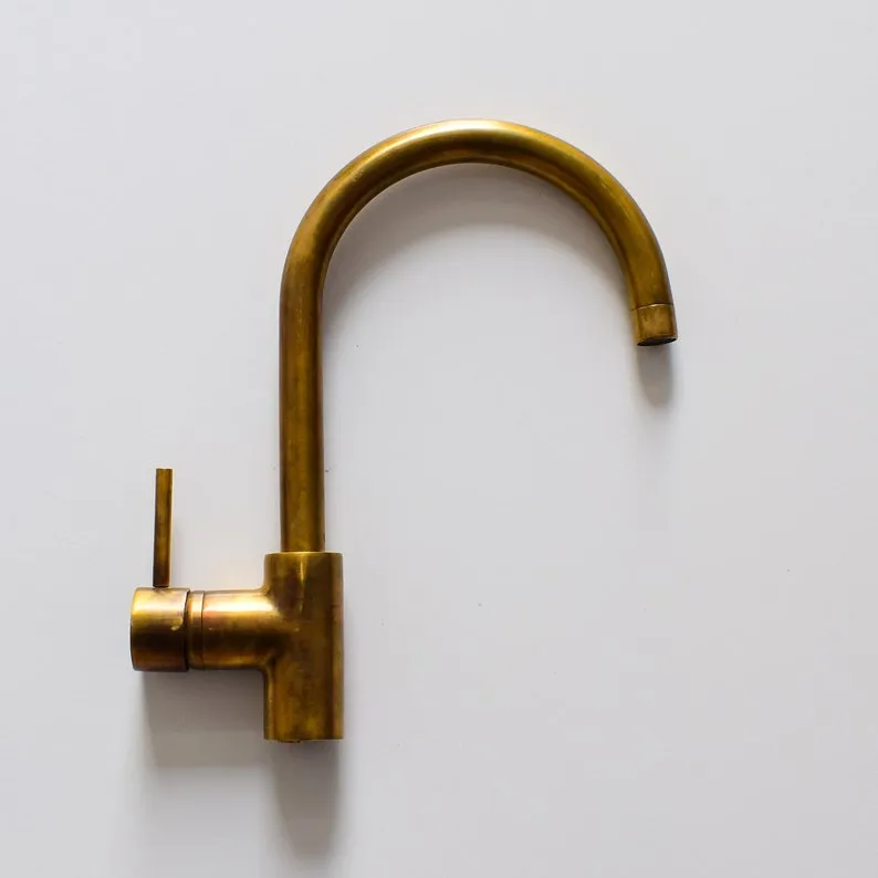 Brass Faucet Hammered Gooseneck with One Handle - Handcrafted Vanity Sink Faucet