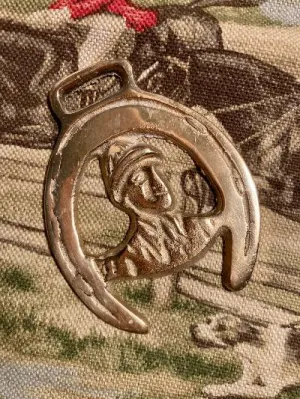 Brass Vintage English Horse Brass in Horseshoe and Huntsman Form