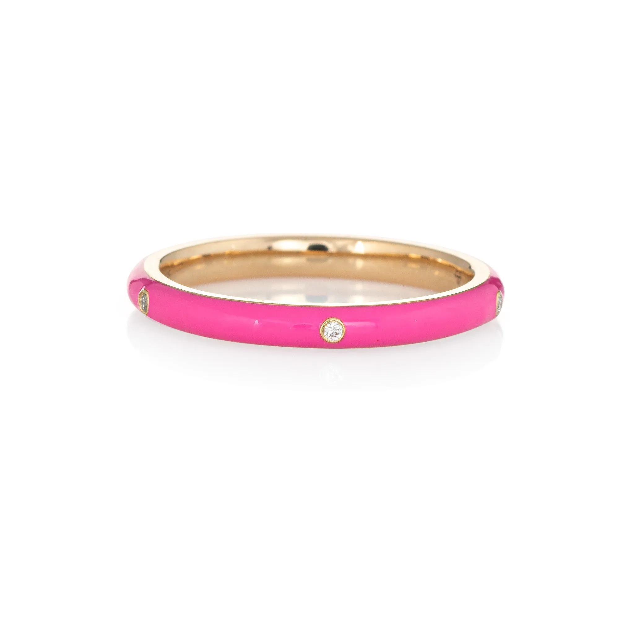 Candy Pink Enamel Diamond Ring Sz 6.5 14k Yellow Gold Stacking Band Jewelry
