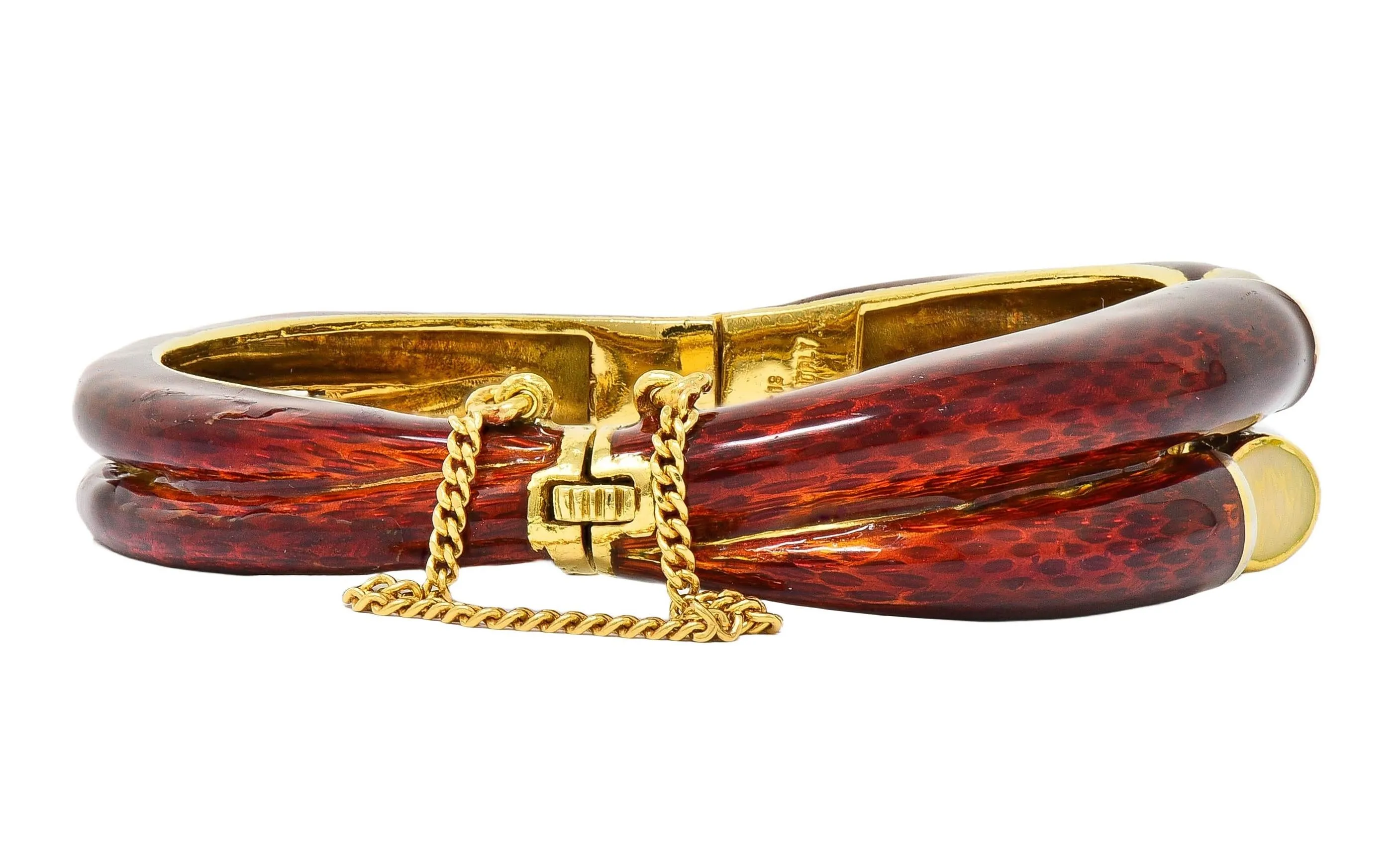 Cartier 1960's Diamond Red Enamel 18 Karat Two-Tone Gold Vintage Bangle Bracelet