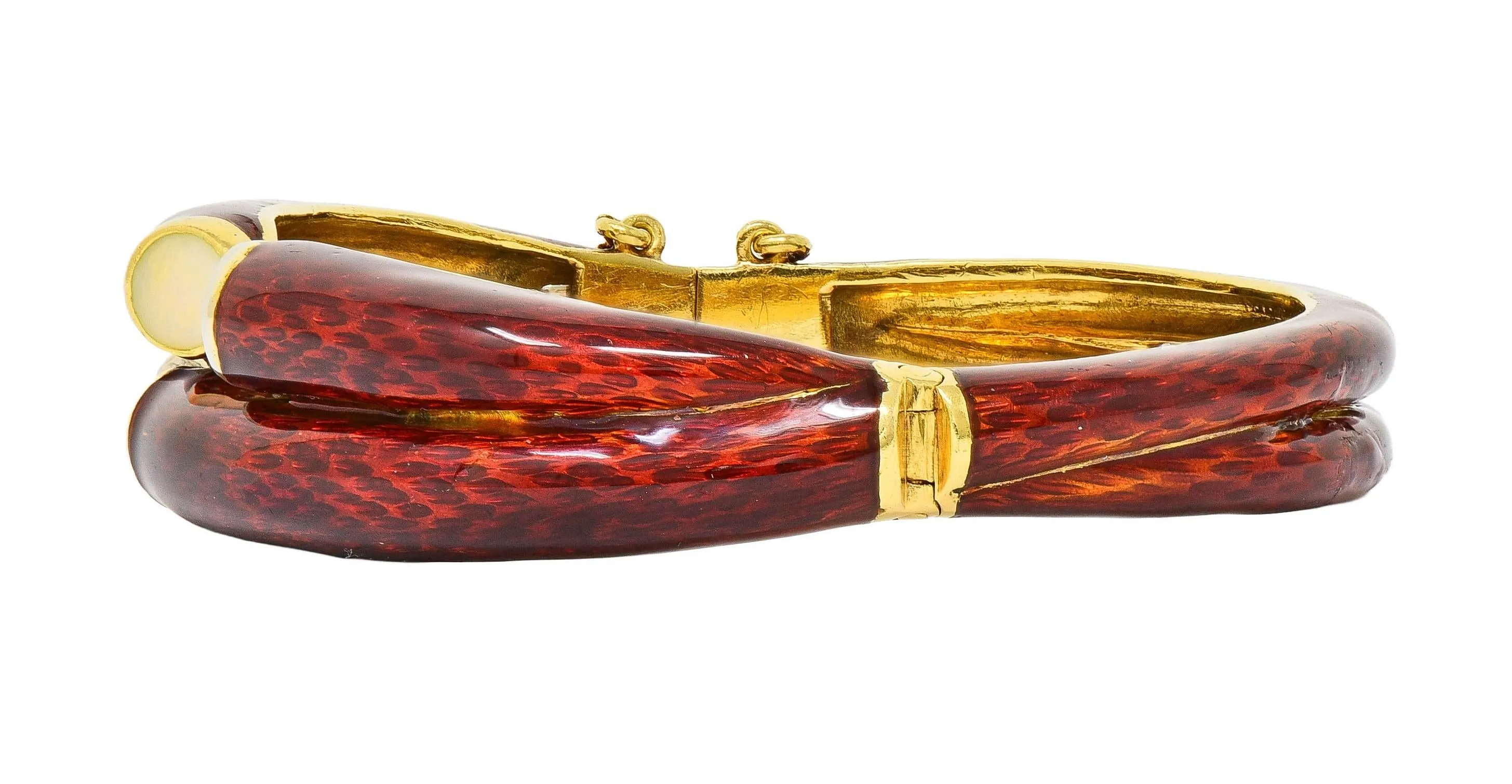 Cartier 1960's Diamond Red Enamel 18 Karat Two-Tone Gold Vintage Bangle Bracelet
