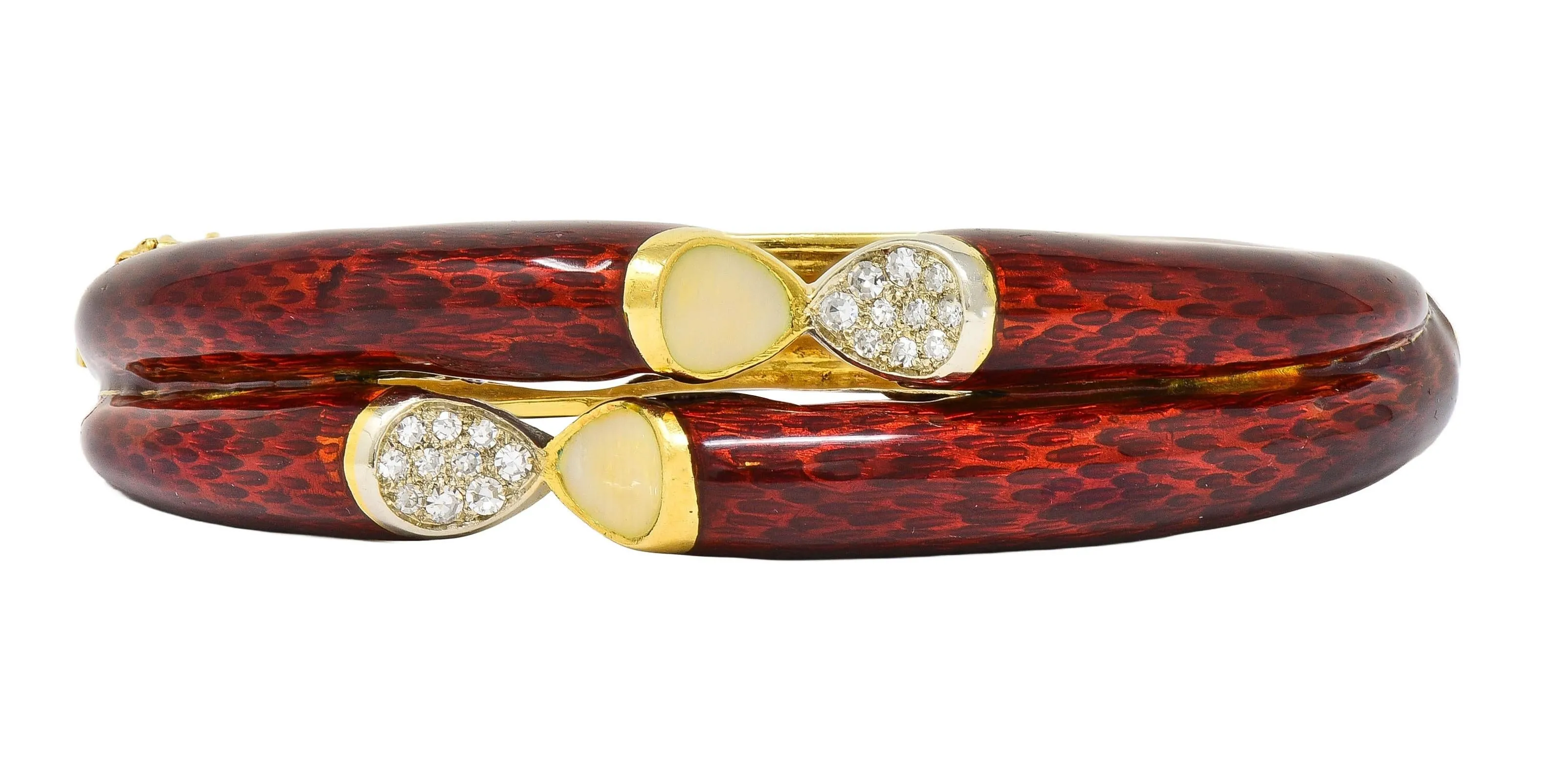 Cartier 1960's Diamond Red Enamel 18 Karat Two-Tone Gold Vintage Bangle Bracelet