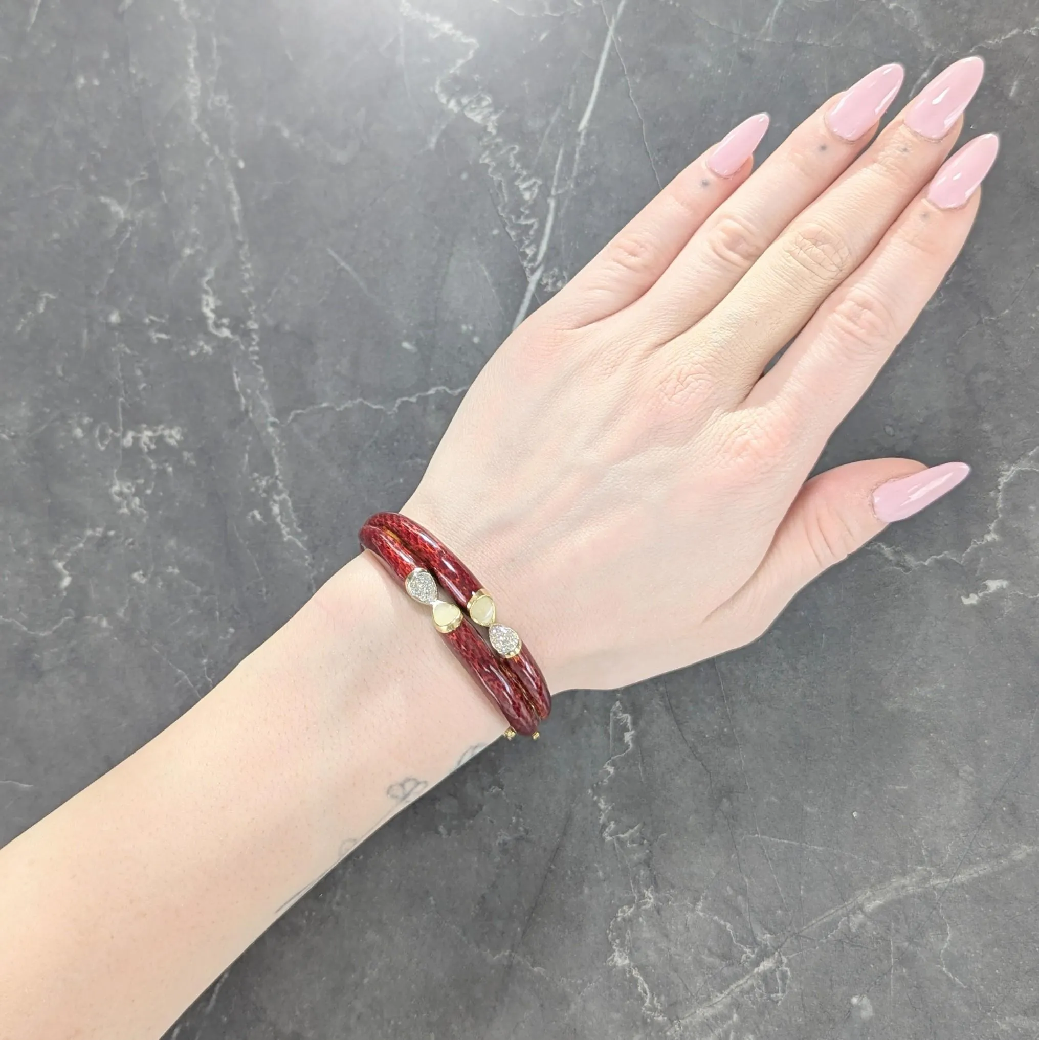 Cartier 1960's Diamond Red Enamel 18 Karat Two-Tone Gold Vintage Bangle Bracelet