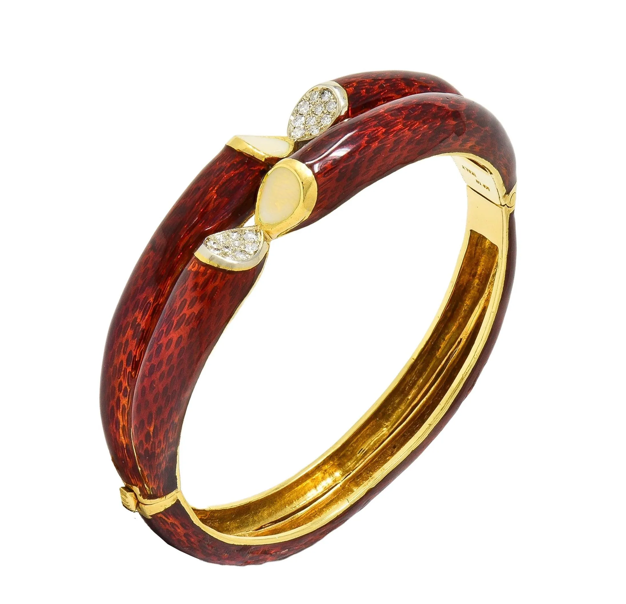 Cartier 1960's Diamond Red Enamel 18 Karat Two-Tone Gold Vintage Bangle Bracelet
