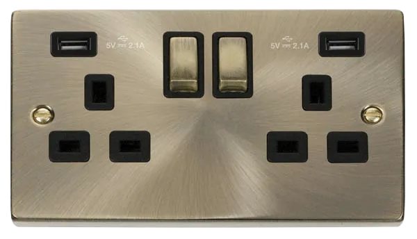 Click Deco VPAB580BK Victorian 13A Ingot 2G Switched Socket   2x2.1A USB - Antique Brass (Black)