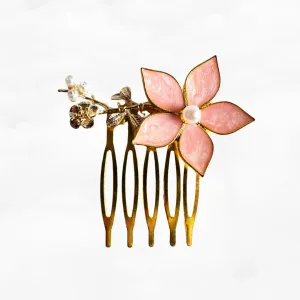 Coral Pink Enamel Flower and Pearl Hair Comb
