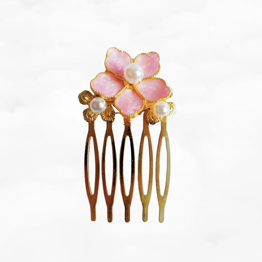 Coral Pink Enamel Flower and Pearl Hair Comb