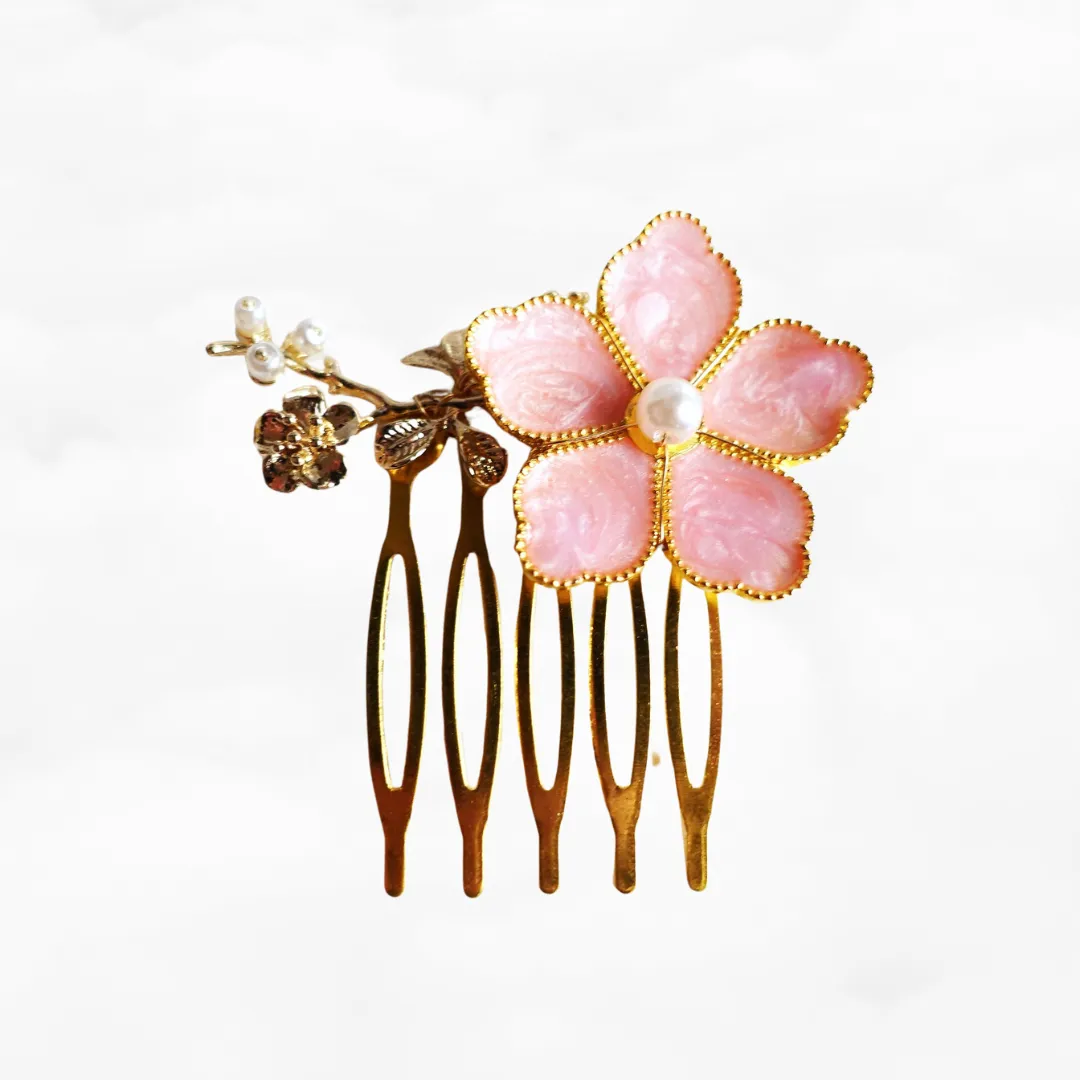 Coral Pink Enamel Flower and Pearl Hair Comb